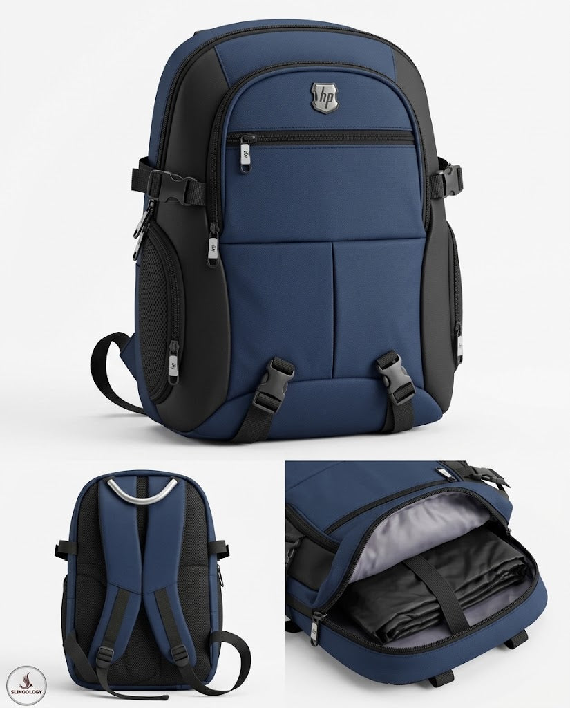 Navy Executive Edge laptop backpack showing padded back and compartments