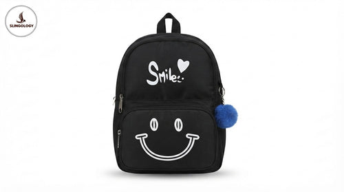 SMILE Backpack Medium Size with Fur Pom Pom – Stylish School Bag