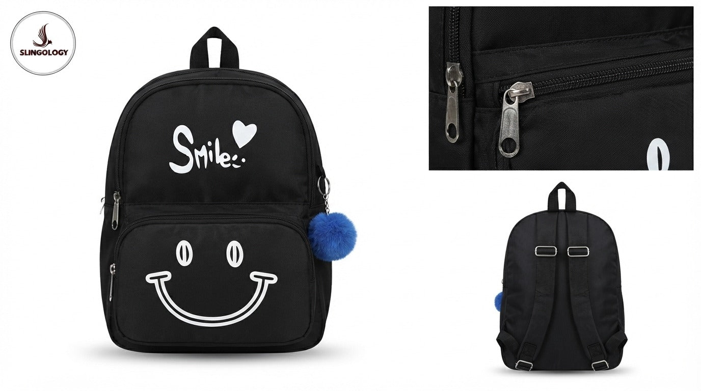 SMILE Backpack Medium Size with Fur Pom Pom – Stylish School Bag