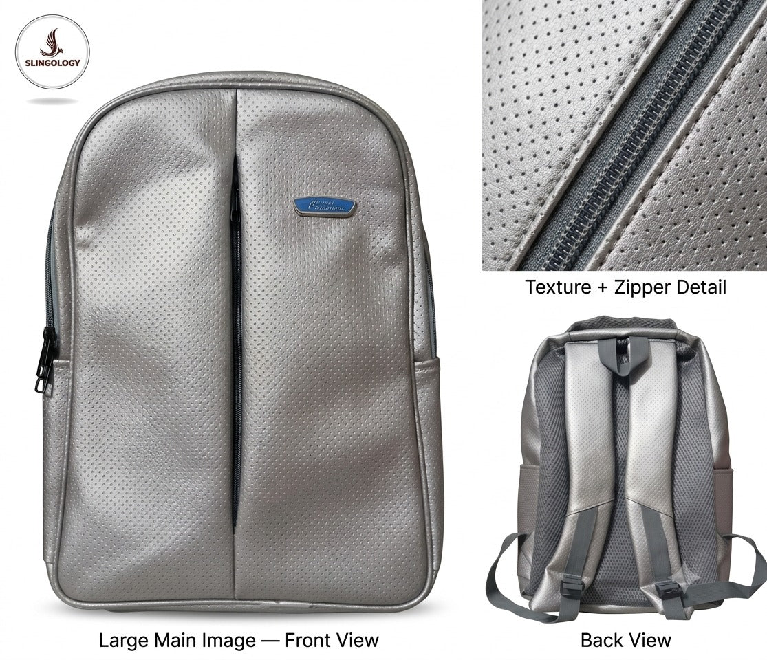 Premium Silver Leather Backpack – Stylish & Elegant Laptop/Travel Backpack