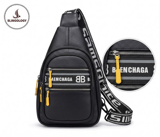 Crossbody Bag - Black with branded strap and yellow zipper