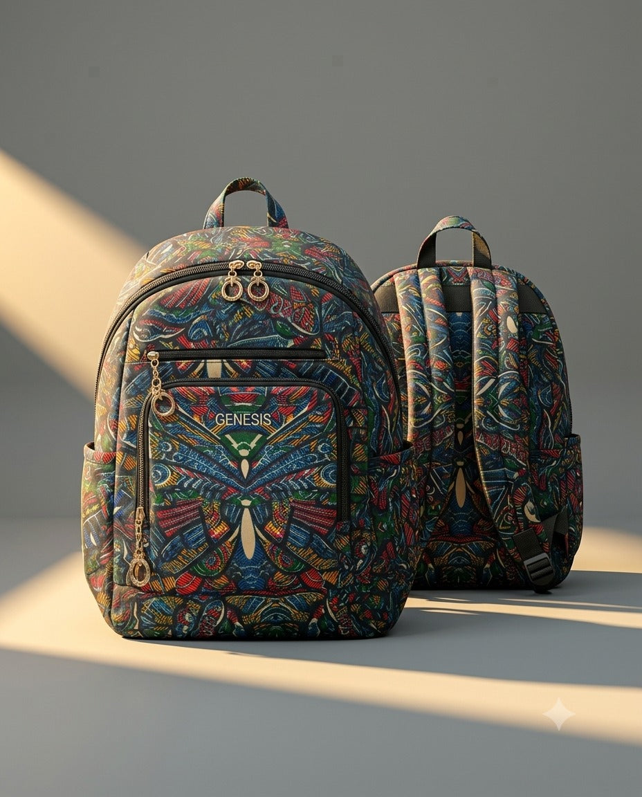 BOHO Colors silk backpack with colourful butterfly print, front and back view