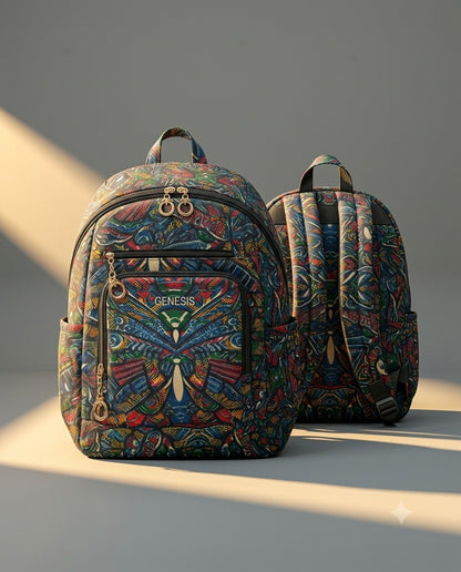 BOHO Colors silk backpack with colourful butterfly print, front and back view