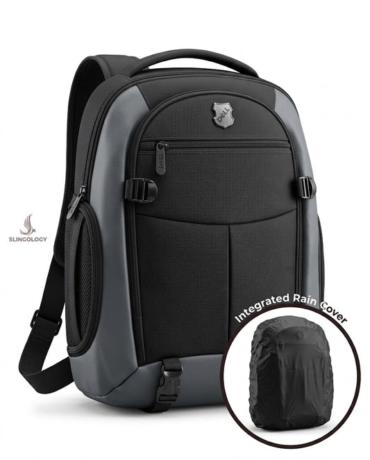 Black Executive Edge laptop backpack with integrated rain cover