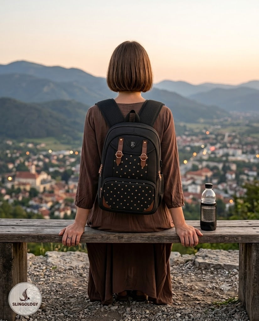Girl wearing Noir Brown Backpack outdoors