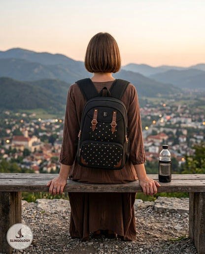 Girl wearing Noir Brown Backpack outdoors